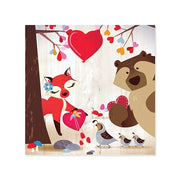 Cartoon illustration of a fox, bear, and birds with heart-themed elements.
