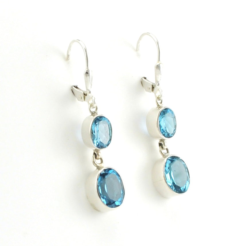 Side View Sterling Silver Blue Topaz 2 Oval Dangle Earrings