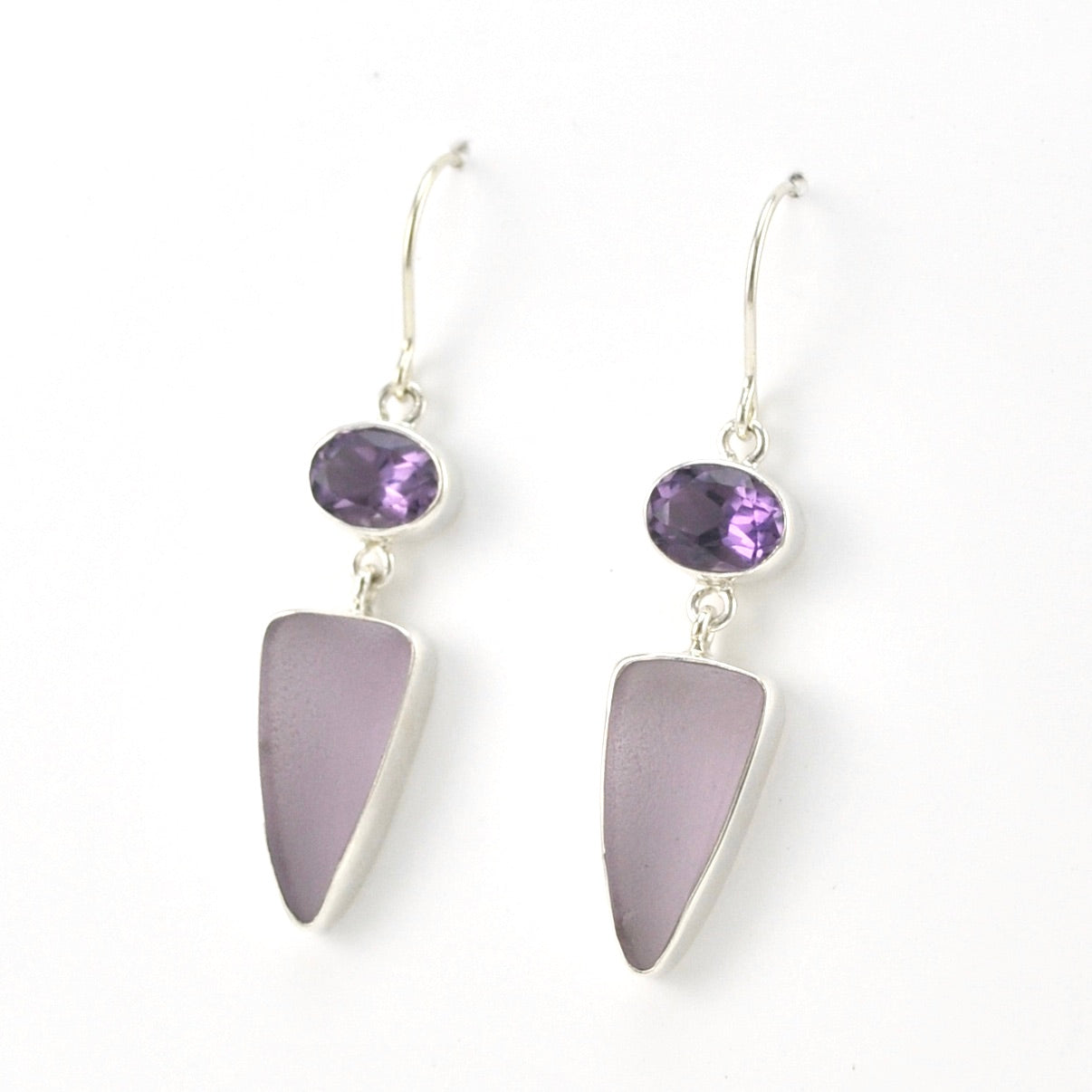 Side View Silver Amethyst Sea Glass Dangle Earrings