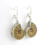 Side View Sterling Silver Ammonite Bali Dangle Earrings
