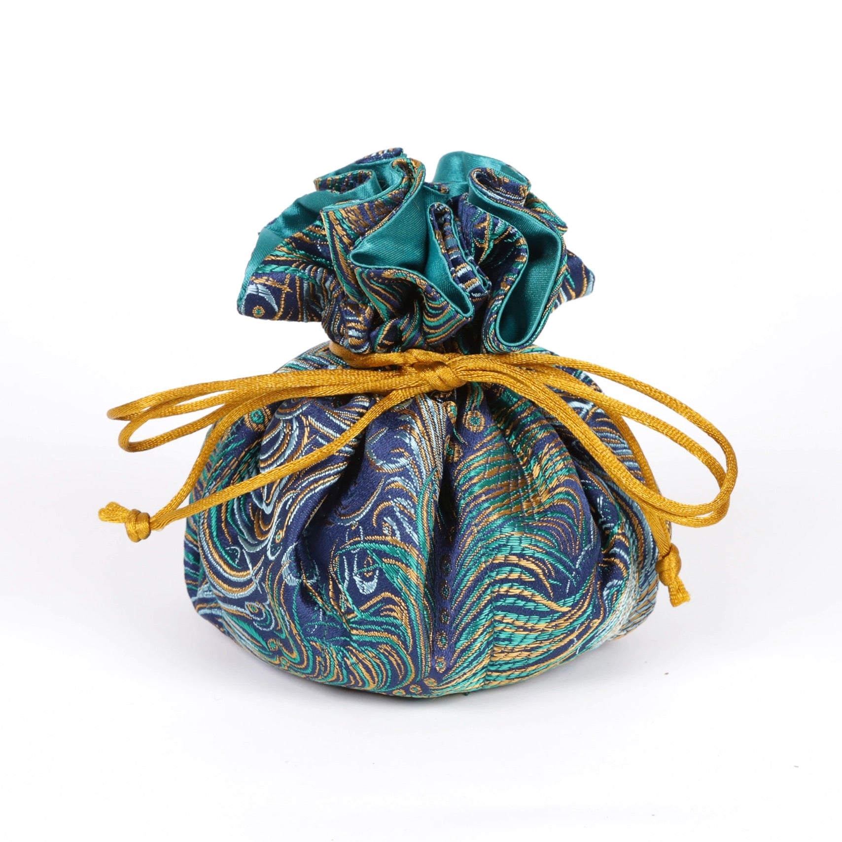 Peacock Feather Brocade Jewelry Pouch Navy and Gold