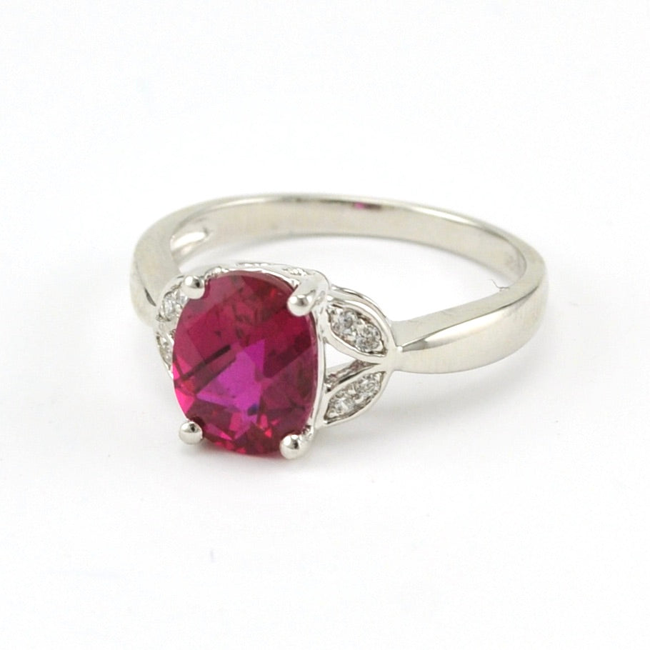 Side View Sterling Silver Created Ruby 2.6ct Oval CZ Ring