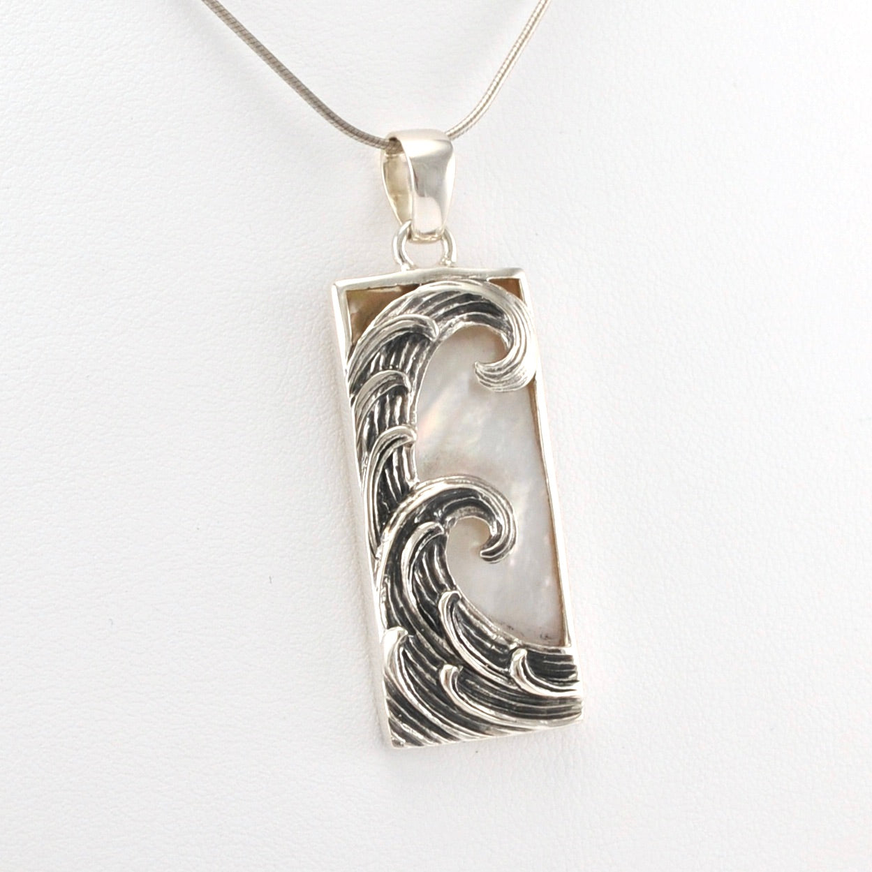 Side View Sterling Silver Mother of Pearl Rectangle Wave Pendant