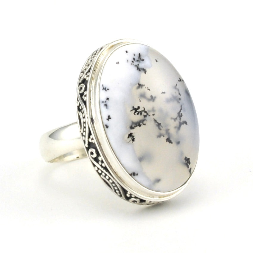 Side View Sterling Silver Dendritic Agate 16x22mm Oval Bali Ring