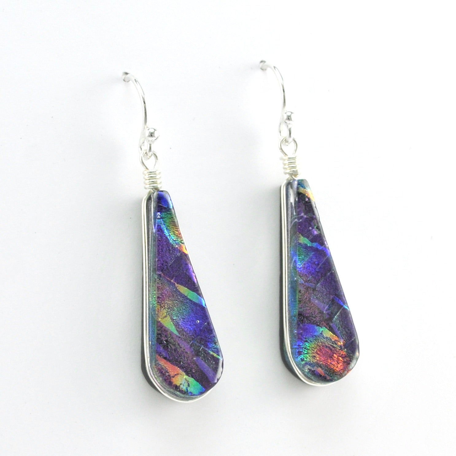 Alternate View Silver Dichroic Glass Rainbow Purple Earrings