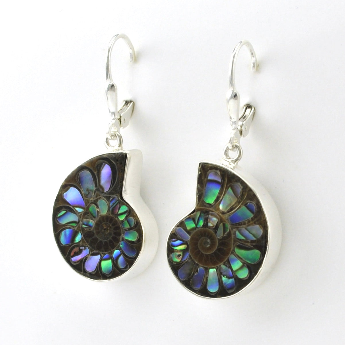 Side View Silver Ammonite with Inlaid Abalone Earrings