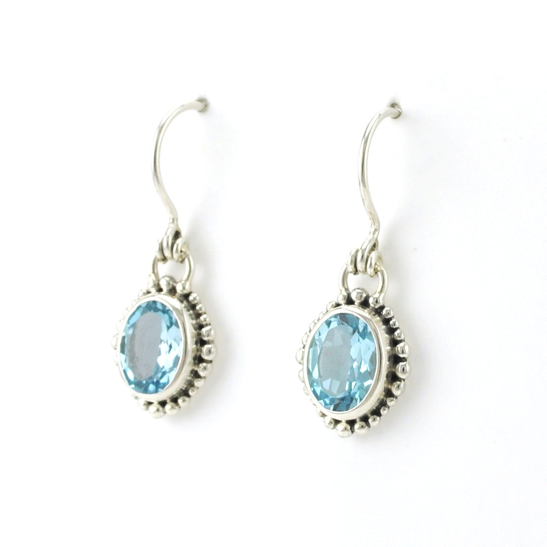 Side View Sterling Silver Blue Topaz Oval Beaded Dangle Earrings