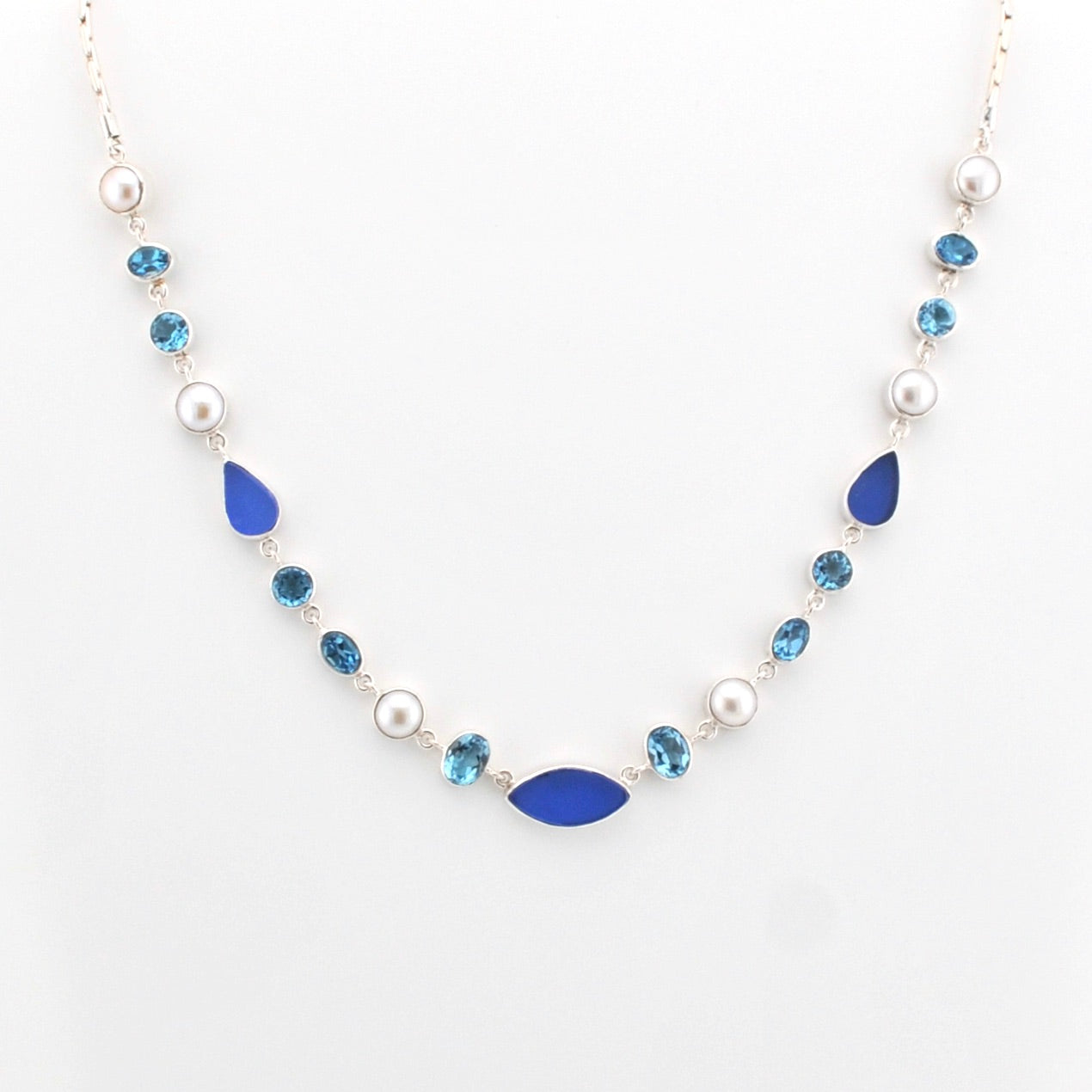 Sterling Silver Cobalt Sea Glass Blue Topaz Pearl Necklace