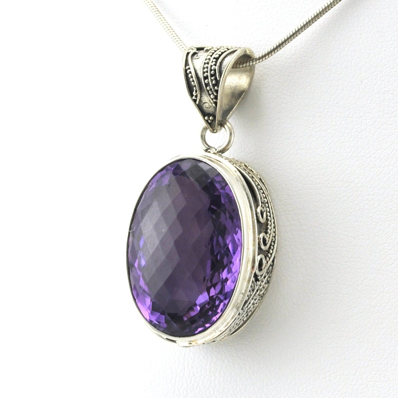 Sterling Silver Amethyst 17x24mm Oval Bali Pendant