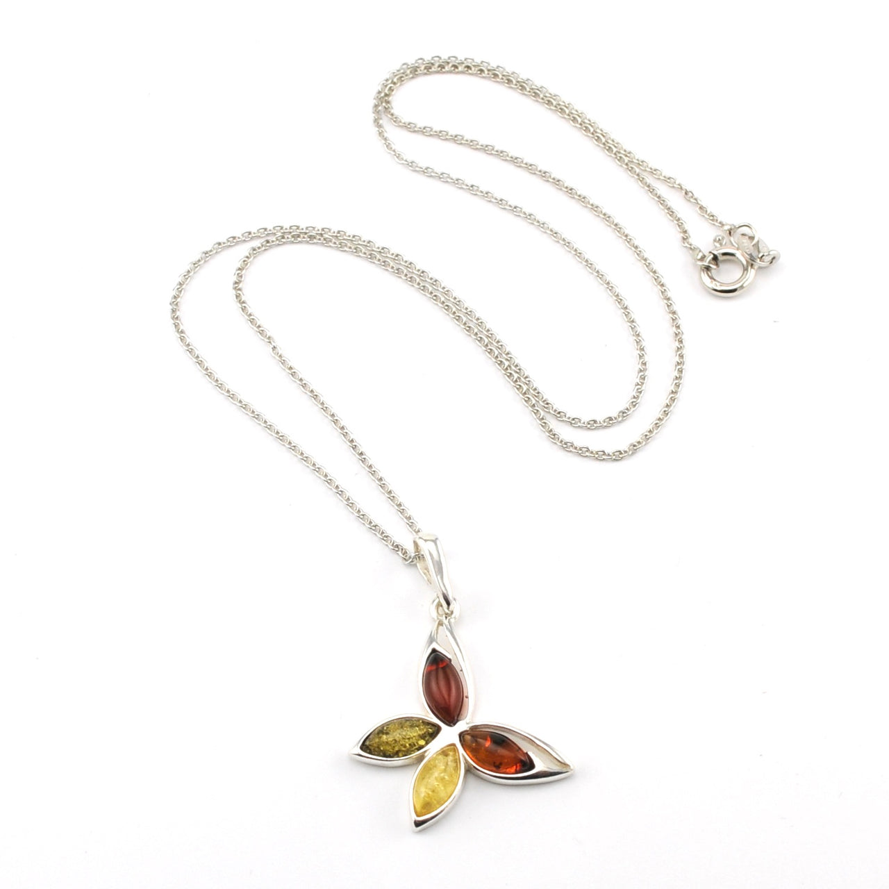 Sterling Silver Multicolored Amber Butterfly Necklace