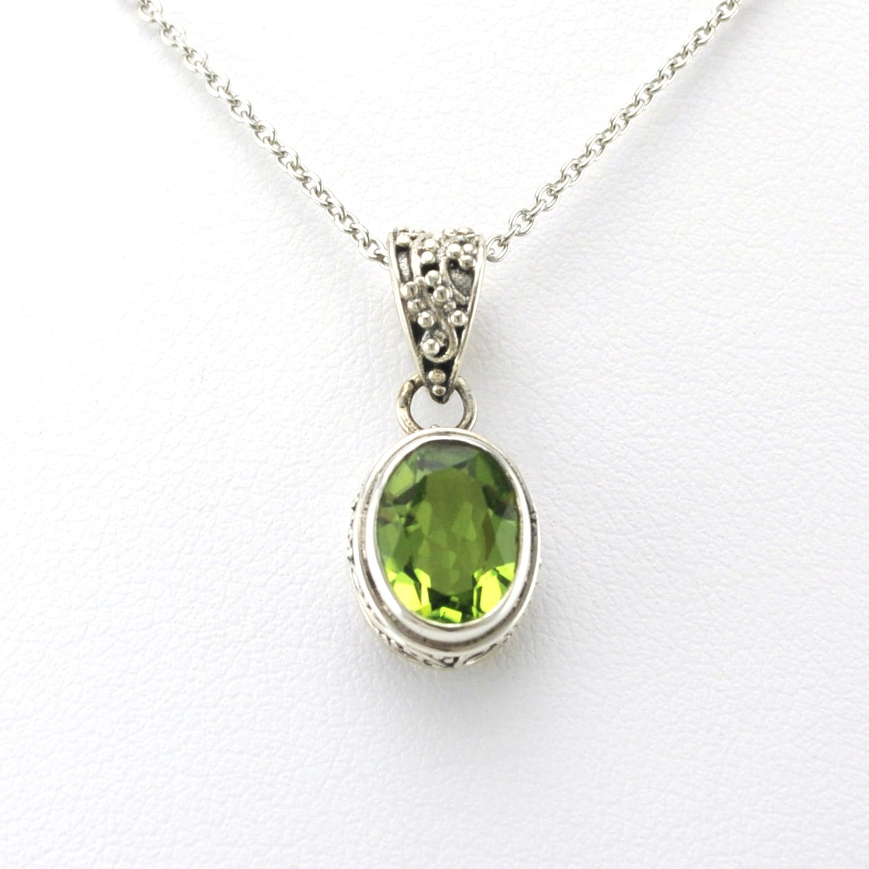 Alt View Sterling Silver Peridot 7x9mm Oval Bali Necklace