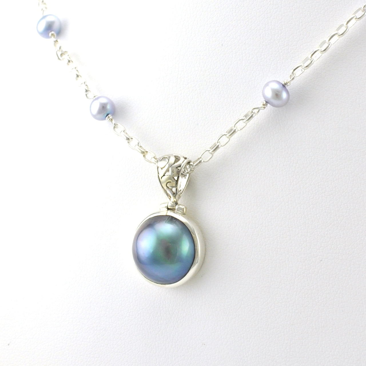 Side View Sterling Silver Grey Mabé Pearl on Pearl Necklace
