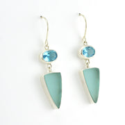 Side View Sterling Silver Blue Topaz Aqua Sea Glass Dangle Earrings