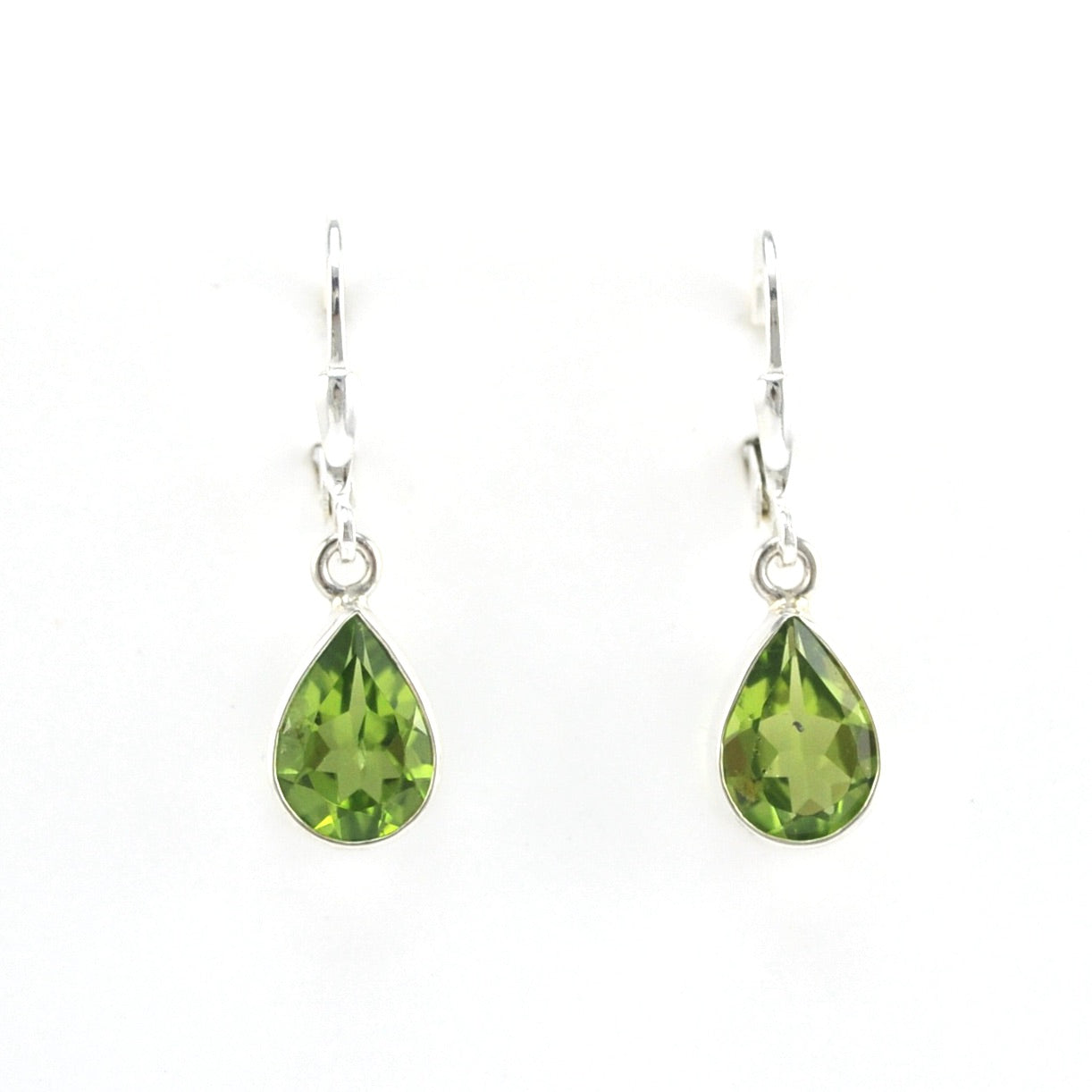 Front View Silver Peridot 7x10mm Tear Dangle Earrings