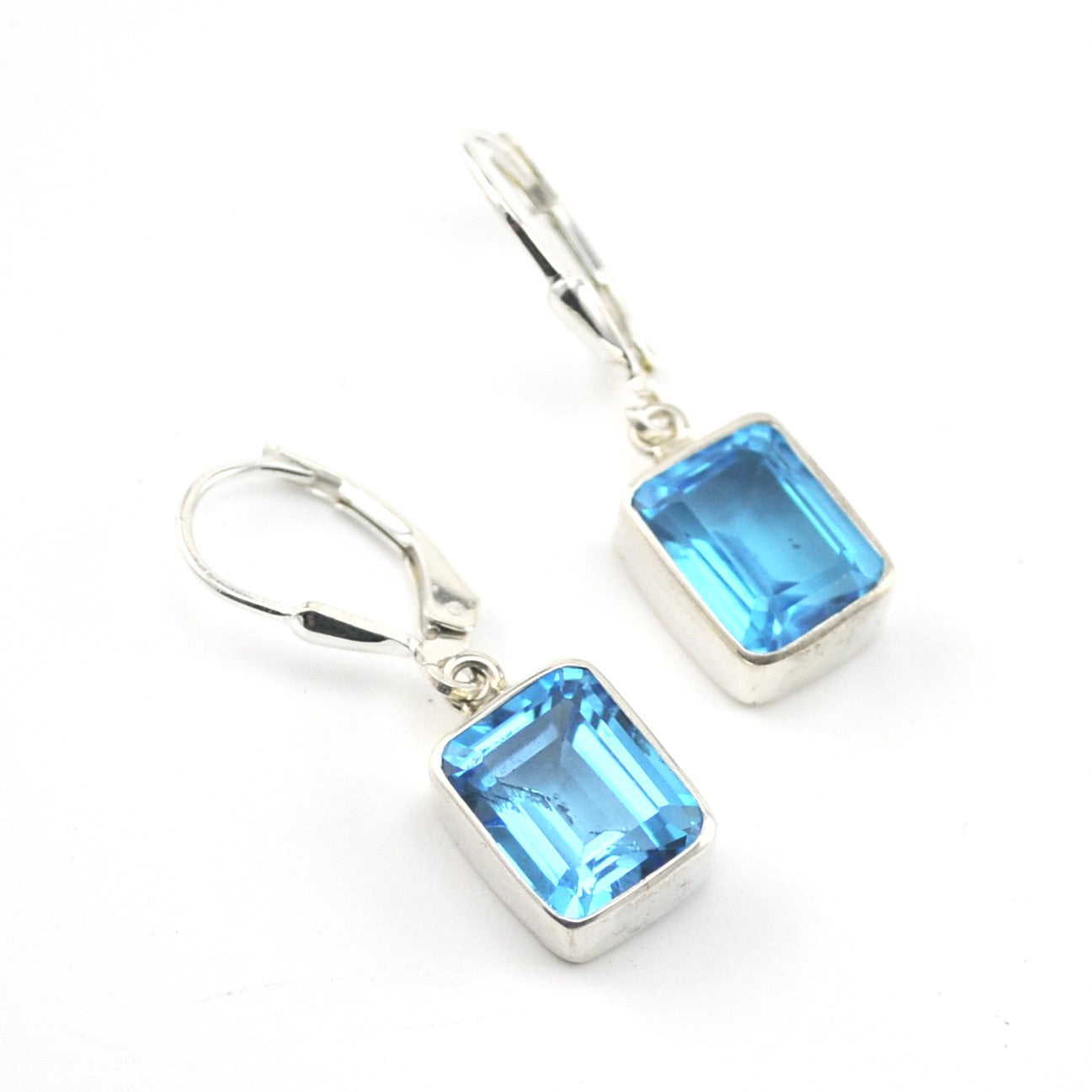 Silver Blue Topaz 8x10mm Rectangle Dangle Earrings