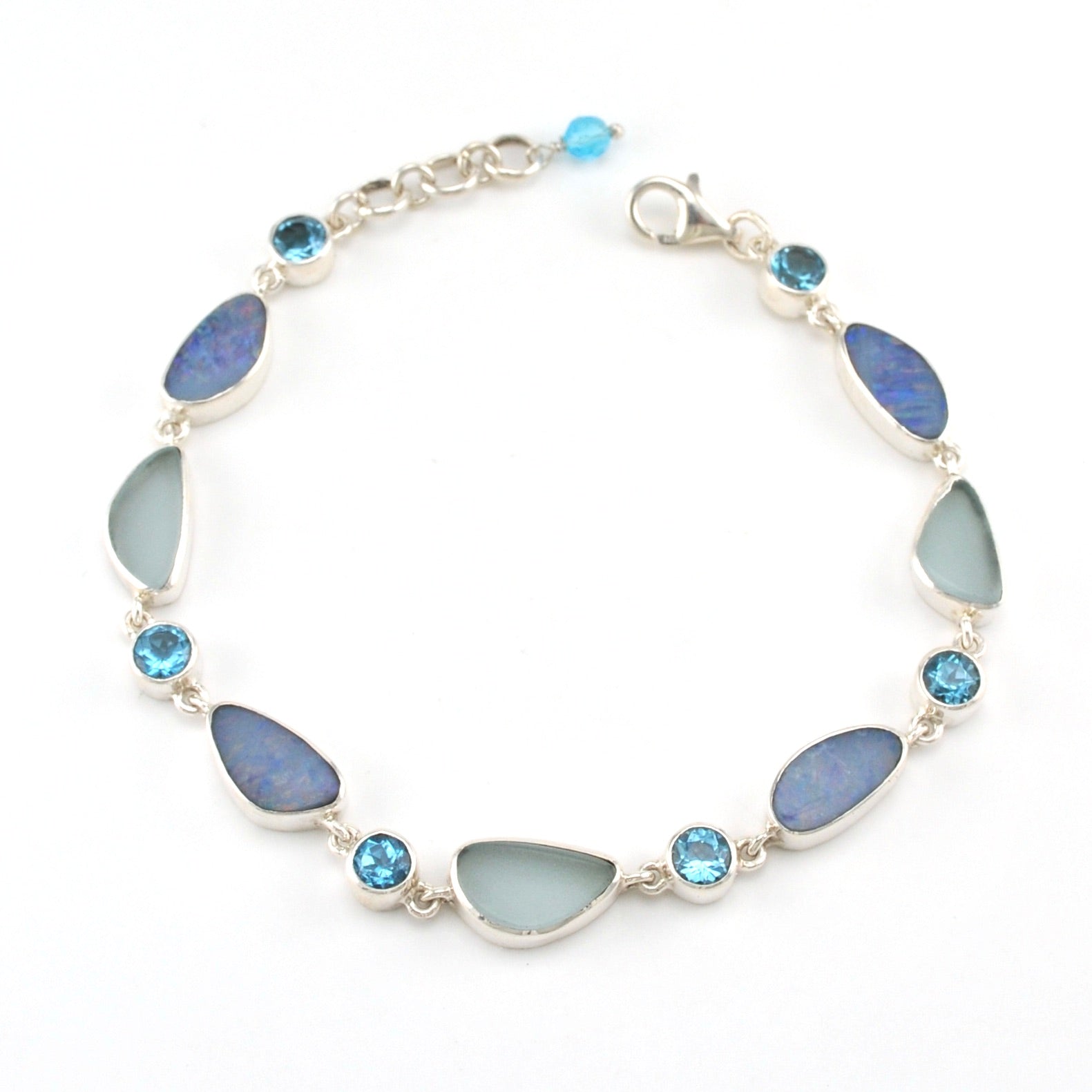Sterling Silver Opal Sea Glass Blue Topaz Bracelet