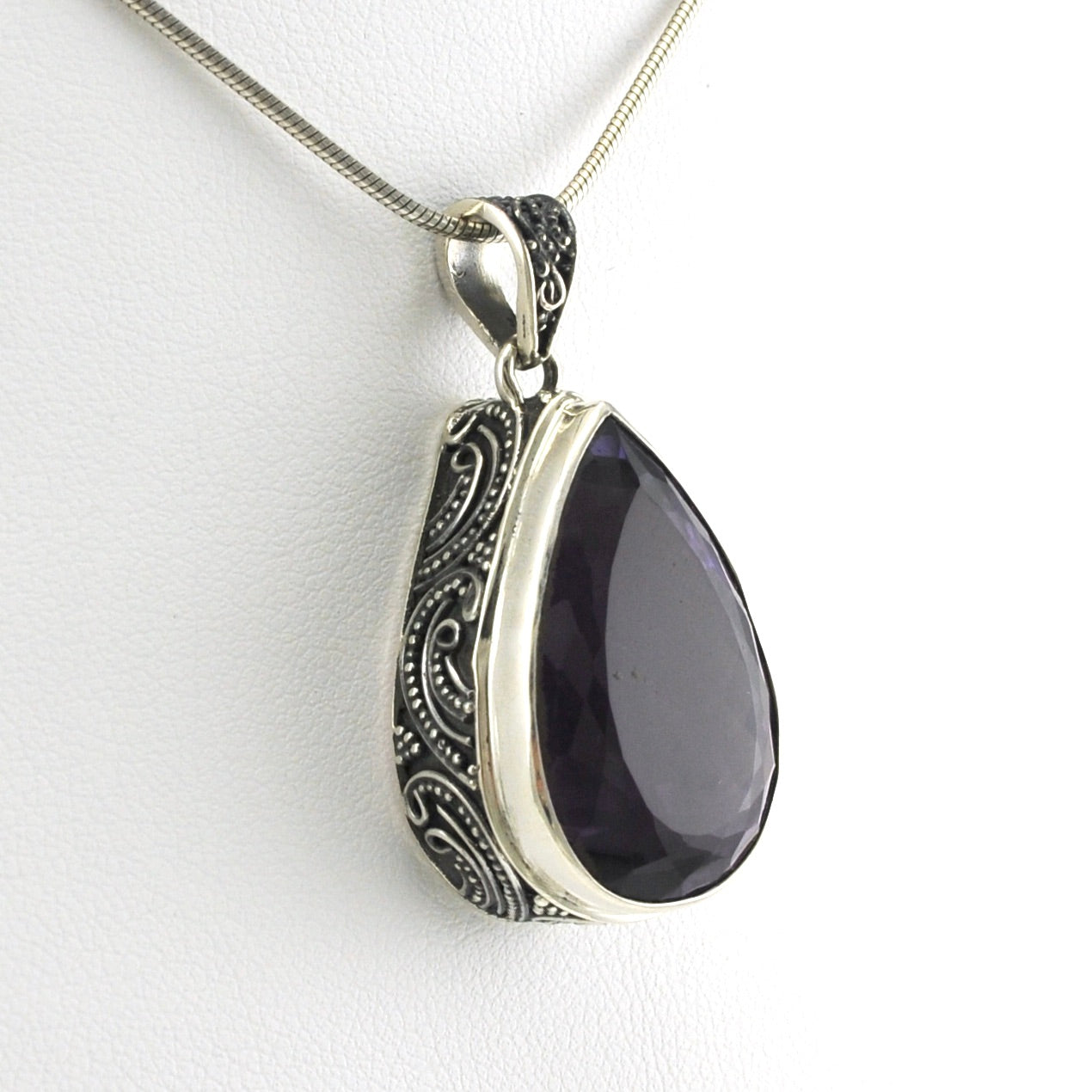 Side View Sterling Silver Amethyst 16x24mm Tear Bali Pendant