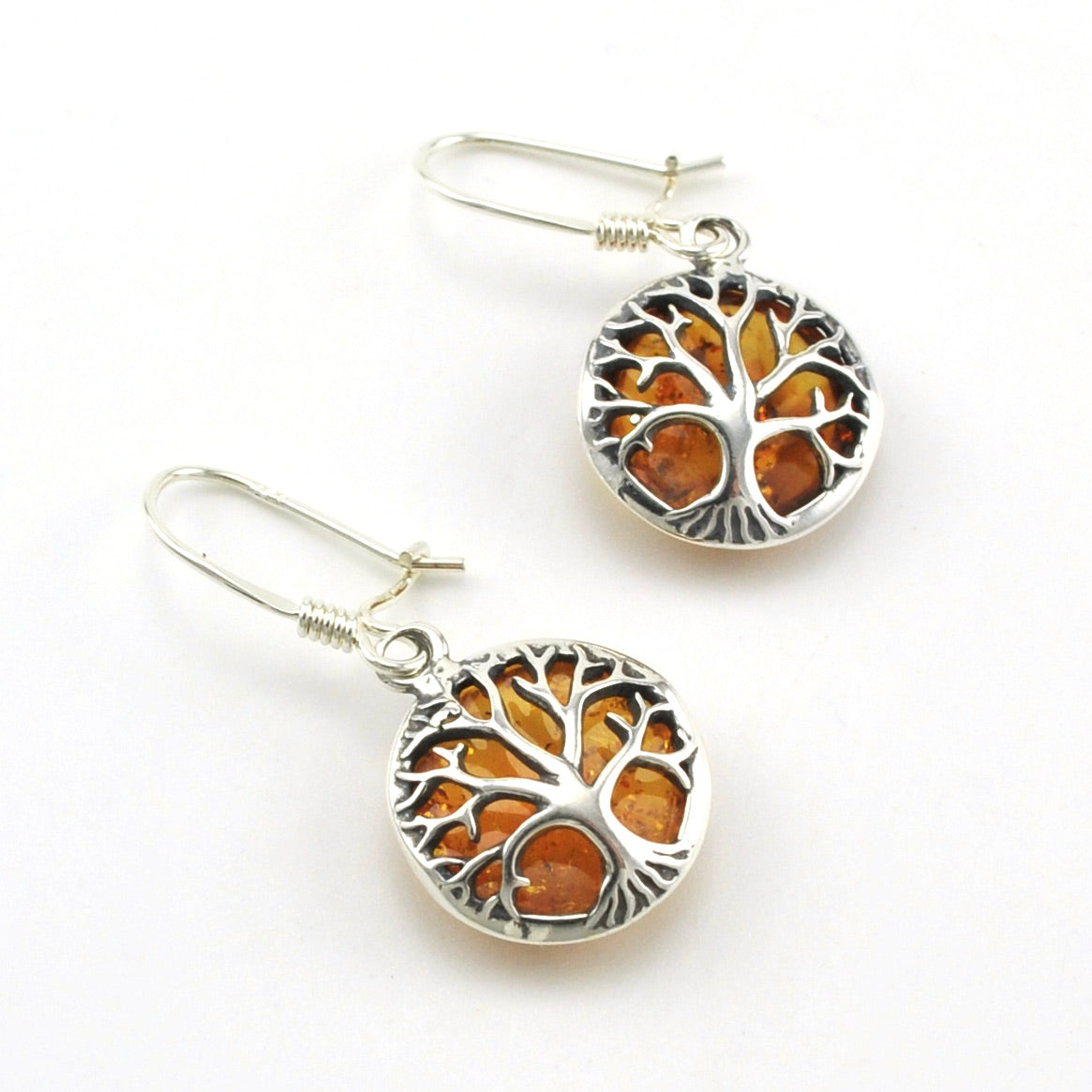 Sterling Silver Amber Round Tree of Life Earrings
