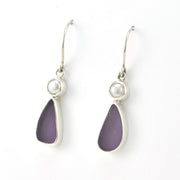 Side View Silver Pearl Lavender Sea Glass Tear Earrings