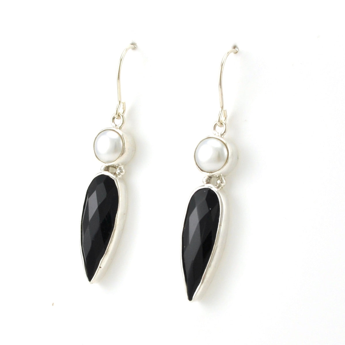 Side View Sterling Silver Pearl Black Onyx Dangle Earrings
