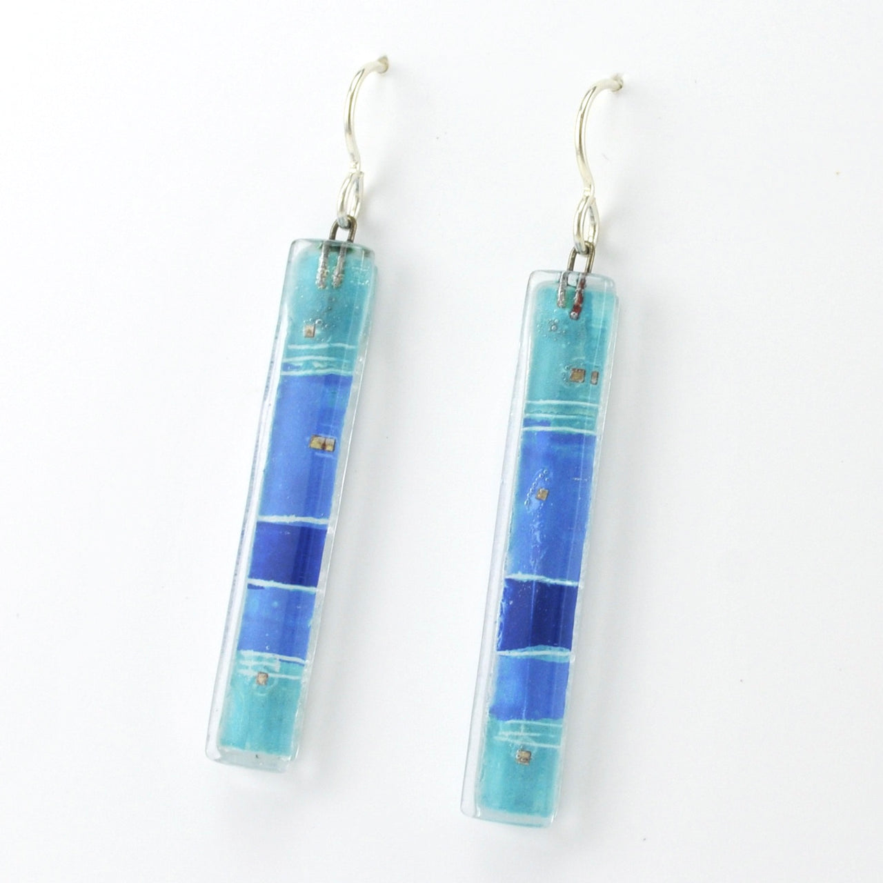Side View Glass Blue Strata Bar Earrings