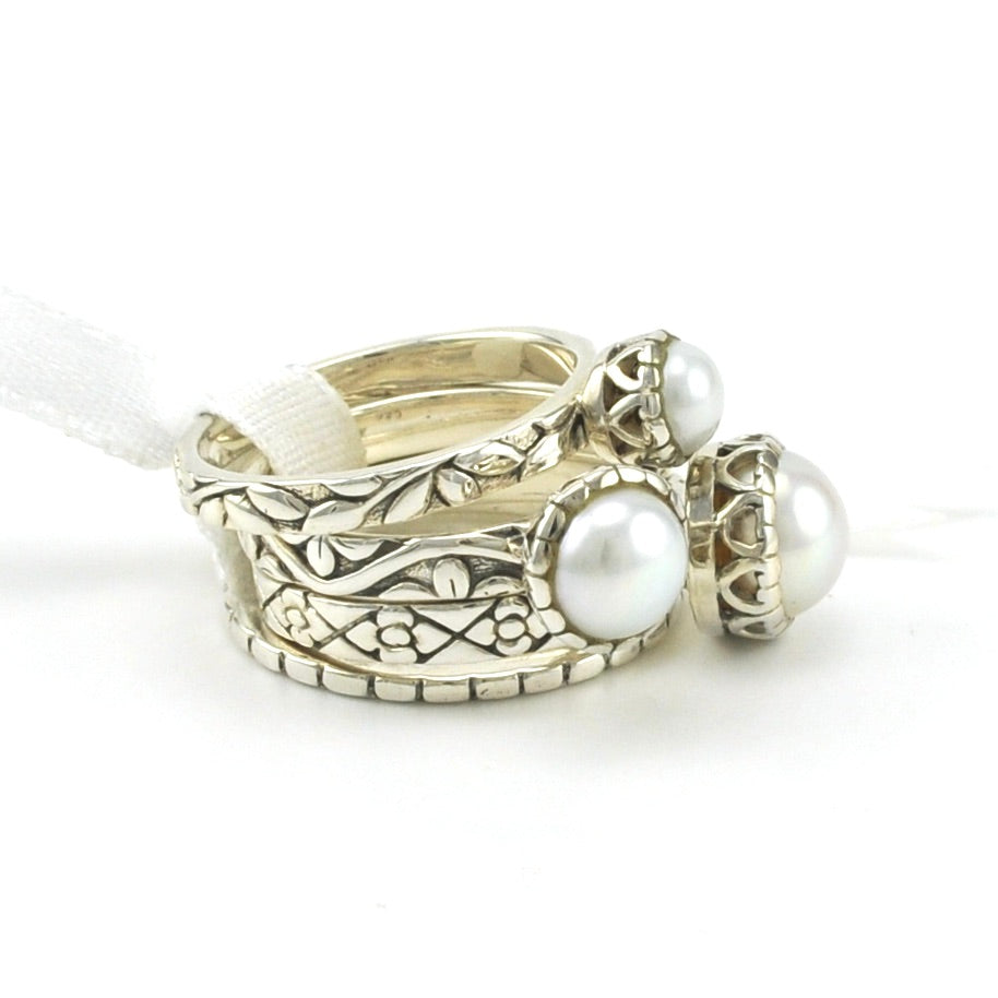Side View Sterling Silver Pearl 4 Ring Stack
