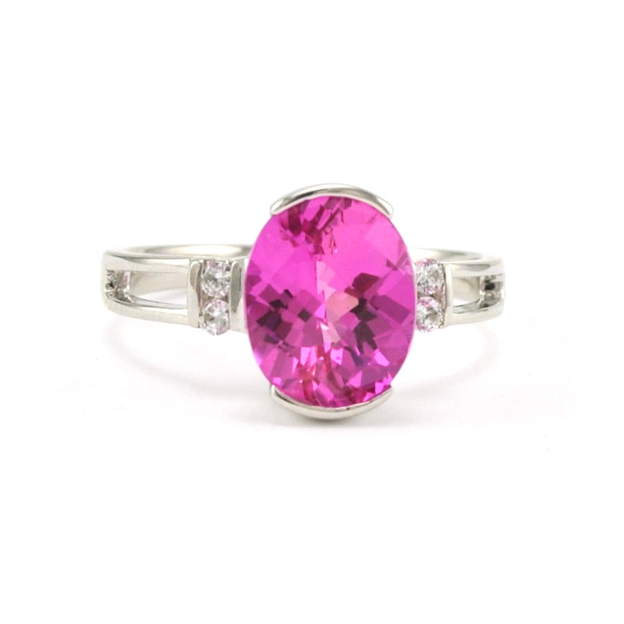 Sterling Silver Created Pink Sapphire 3.5ct Oval CZ Ring