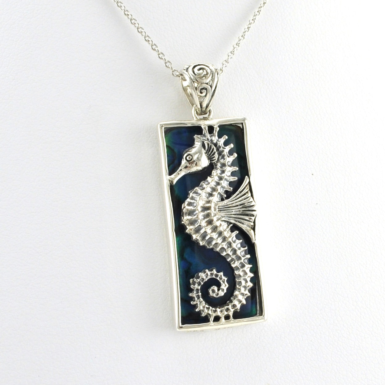 Alt View Sterling Silver Blue Abalone Seahorse Rectangle Pendant