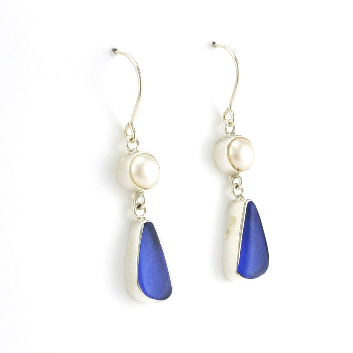 Side View Sterling Silver Pearl Blue Sea Glass Earrings