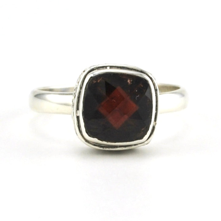 Alt View Sterling Silver Garnet 8mm Square Bali Ring