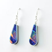 Side View Dichroic Glass Rainbow Blue Tear Dangle Earrings