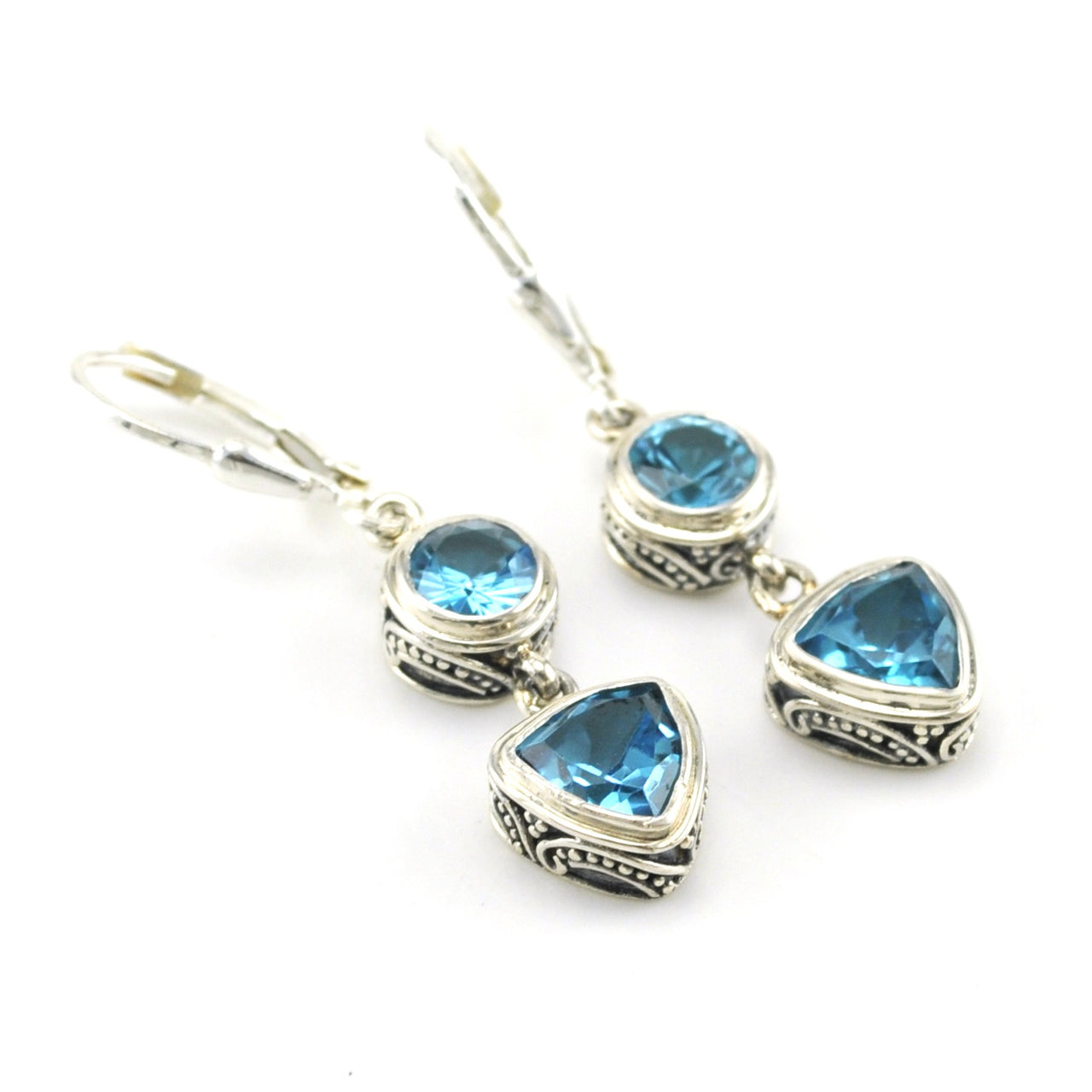 Sterling Silver Blue Topaz Round Trillion Bali Dangle Earrings
