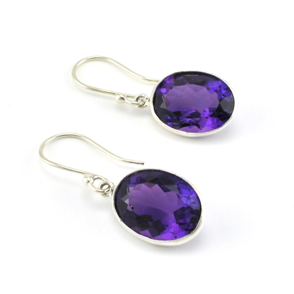 Sterling Silver Amethyst Oval Dangle Earrings