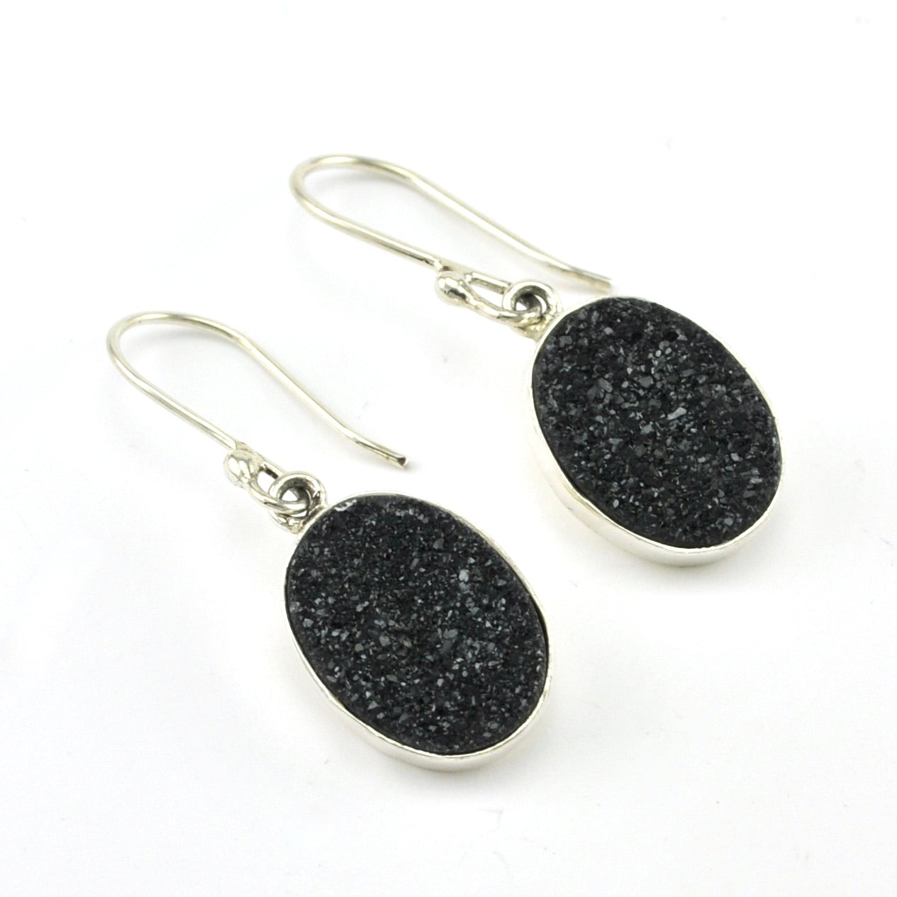 Sterling Silver Black Druzy Agate Oval Earrings