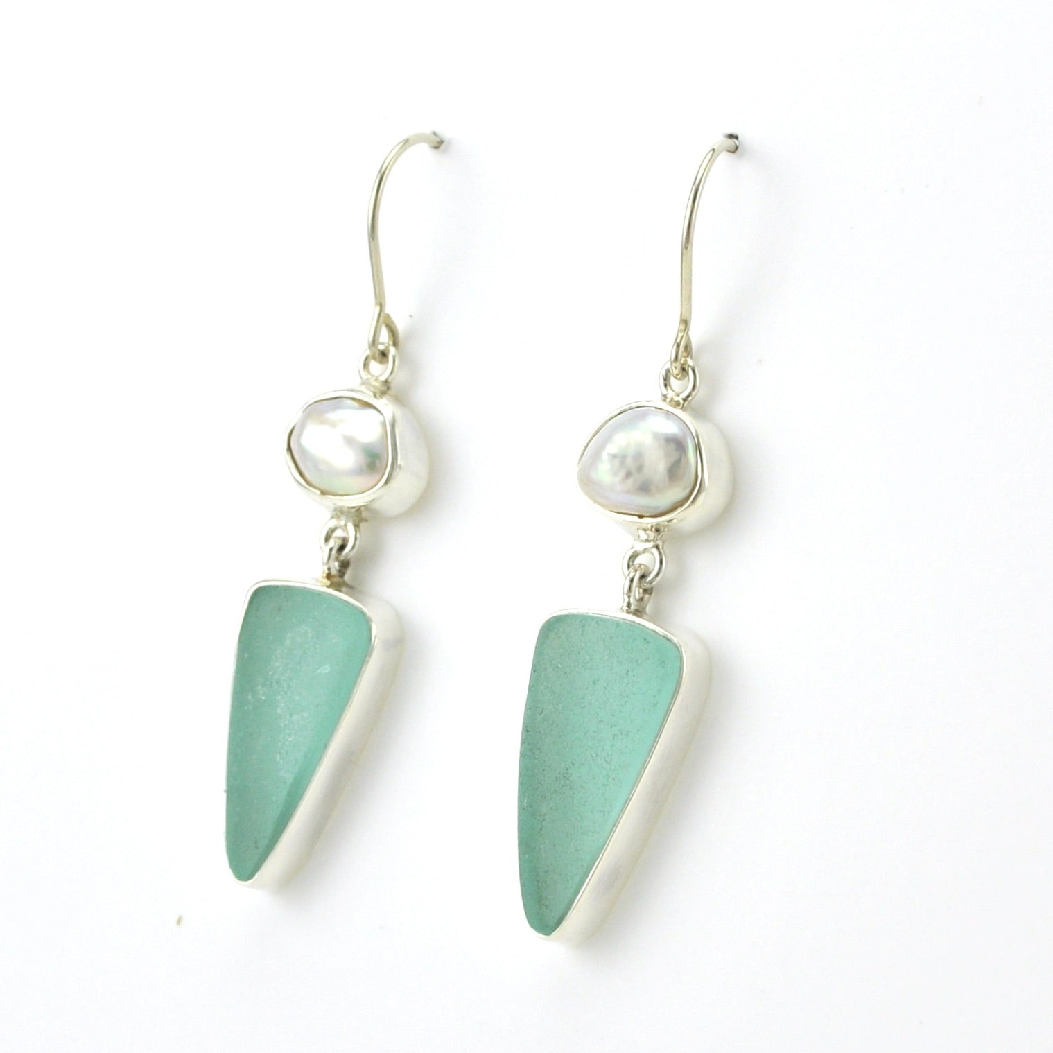 Side View Sterling Silver Pearl Aqua Sea Glass Dangle Earrings