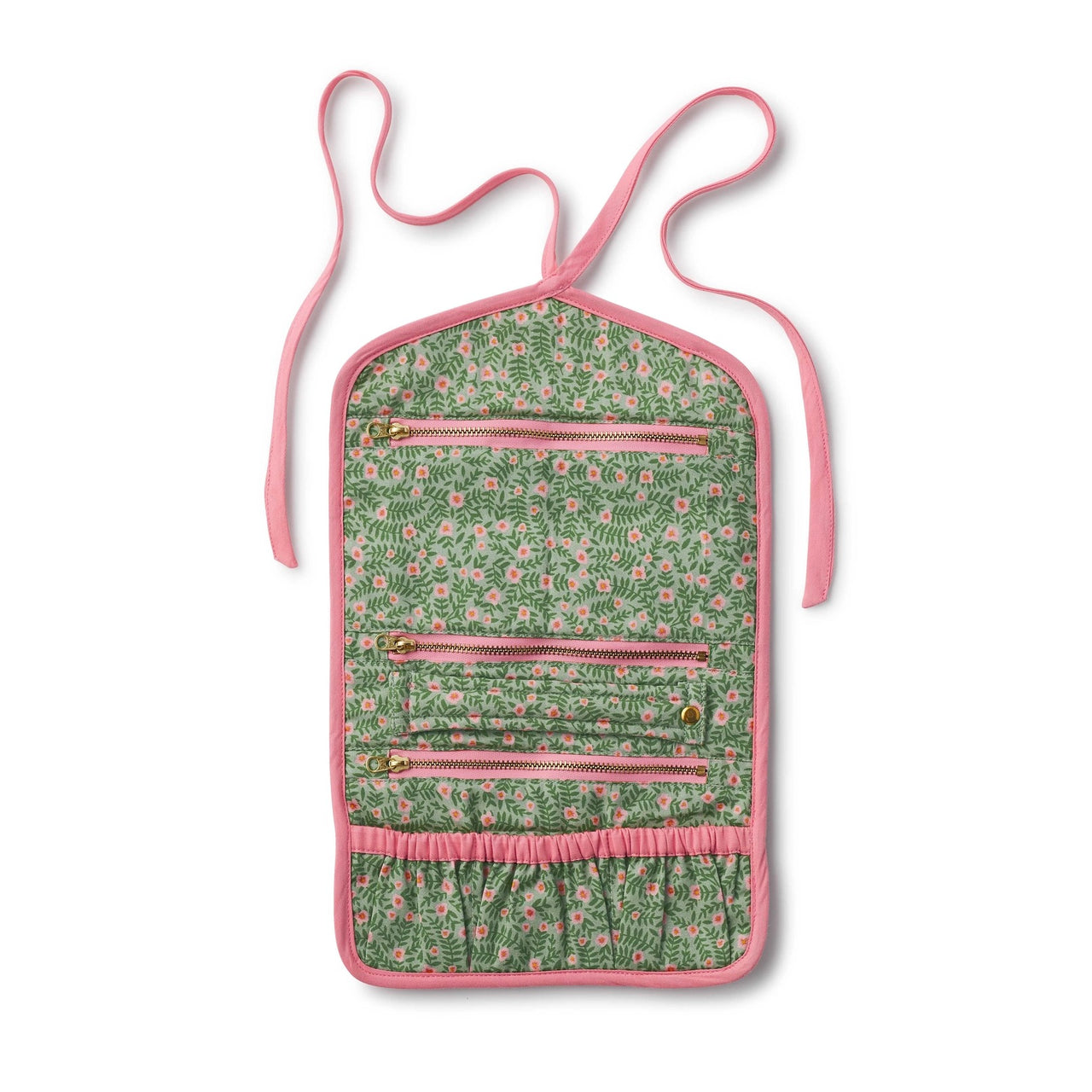 Floral patterned crossbody bag with pink accents on a white background
