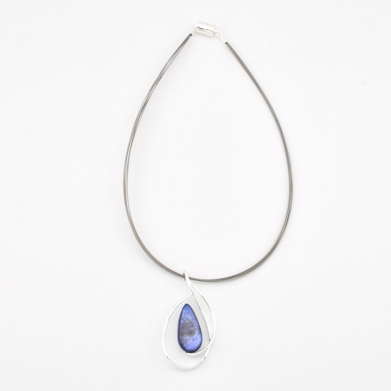 Dark Blue Teardrop Resin Shell Silver Loop Pendant Necklace