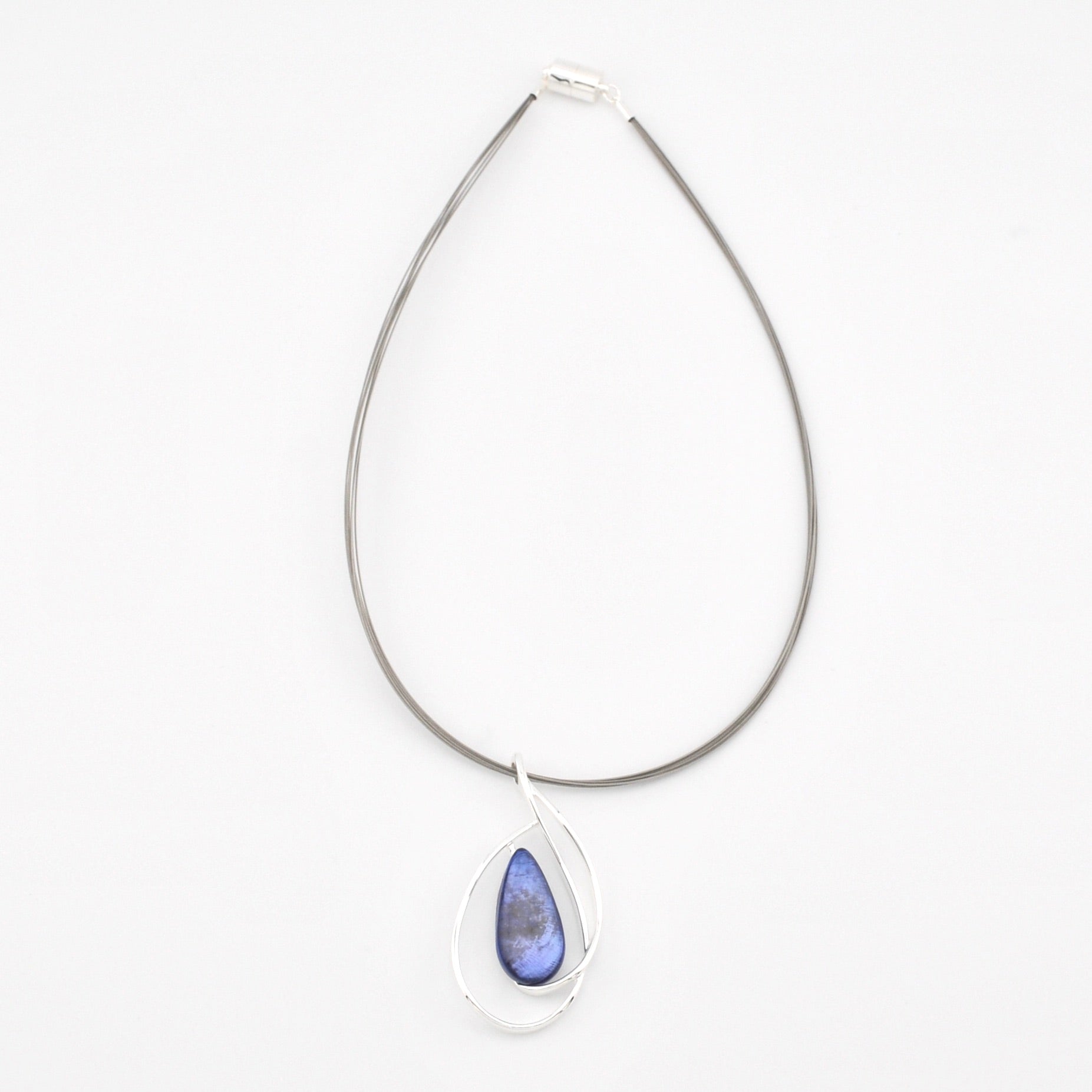 Dark Blue Teardrop Resin Shell Silver Loop Pendant Necklace