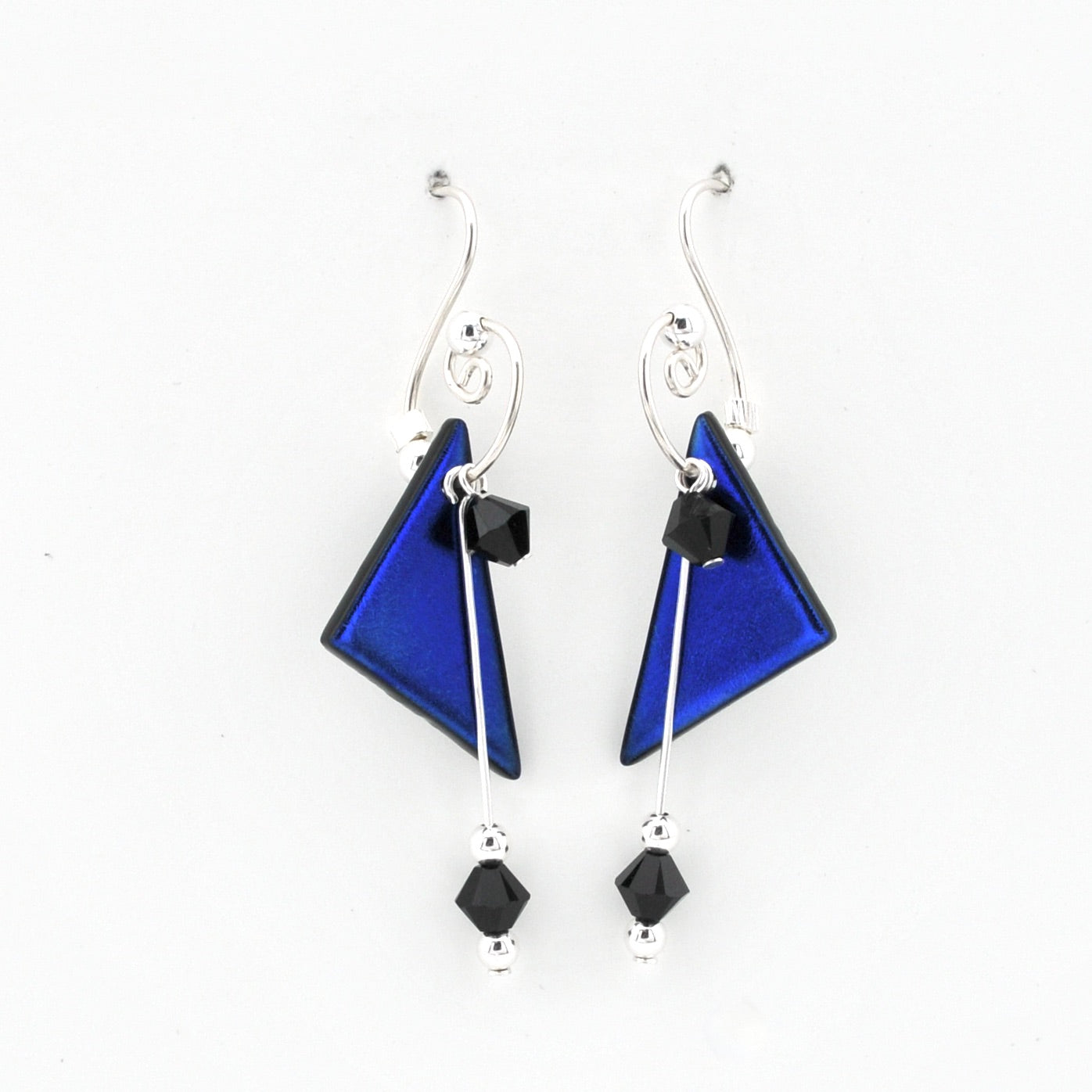 Deep Electric Purple Dichroic Glass Triangular Dangle Earrings Front View