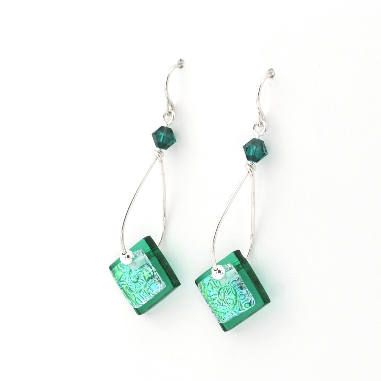 Green square beaded earrings on a white background