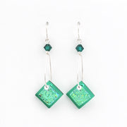 Green square earrings with silver hooks on a white background