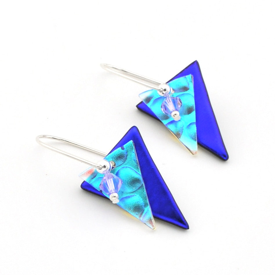 Deep Electric Purple Fused Glass Double Triangle Earrings