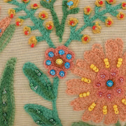 Close-up of embroidered flowers with beads on a textured fabric background