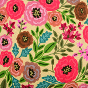 Colorful floral pattern with pink, red, and green flowers on a beige background
