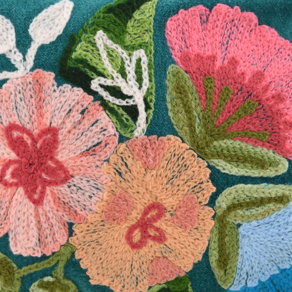 Close-up of embroidered flowers and leaves on a fabric background
