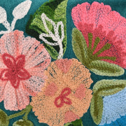 Close-up of embroidered flowers and leaves on a fabric background