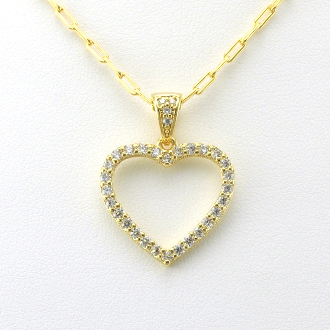 Detail View 18k Gold Fill Cubic Zirconia Heart on Paperclip Necklace