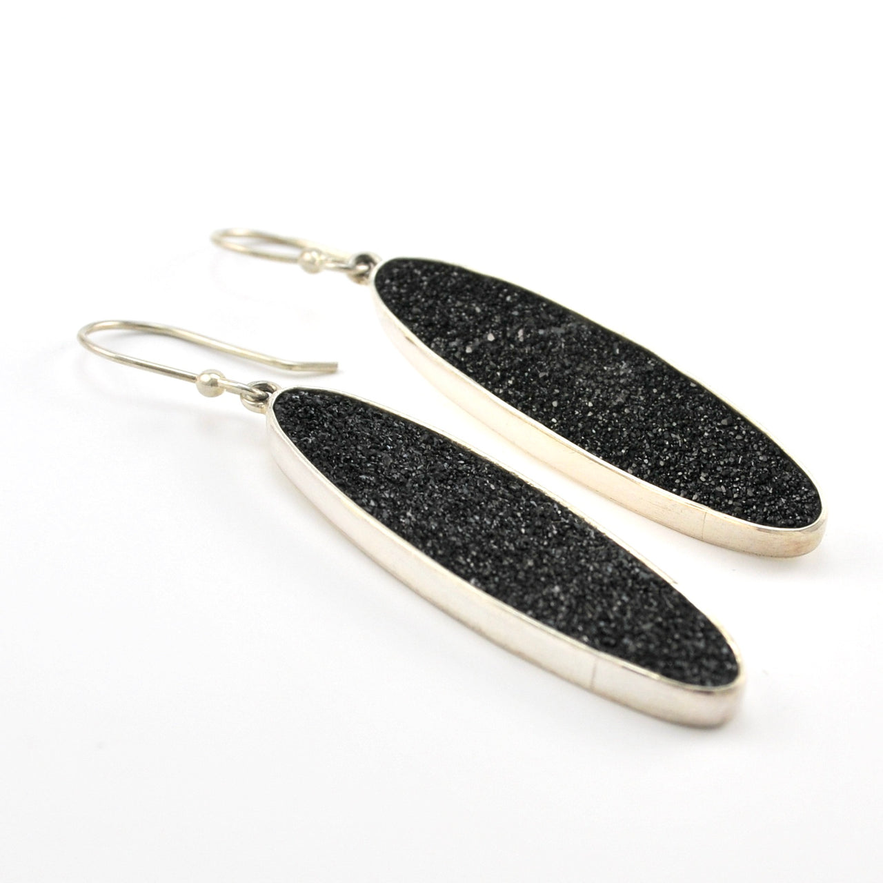Detail View Silver Black Druzy Agate Long Oval Earrings