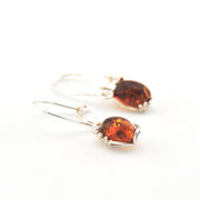 Pair of amber heart-shaped earrings on a white background