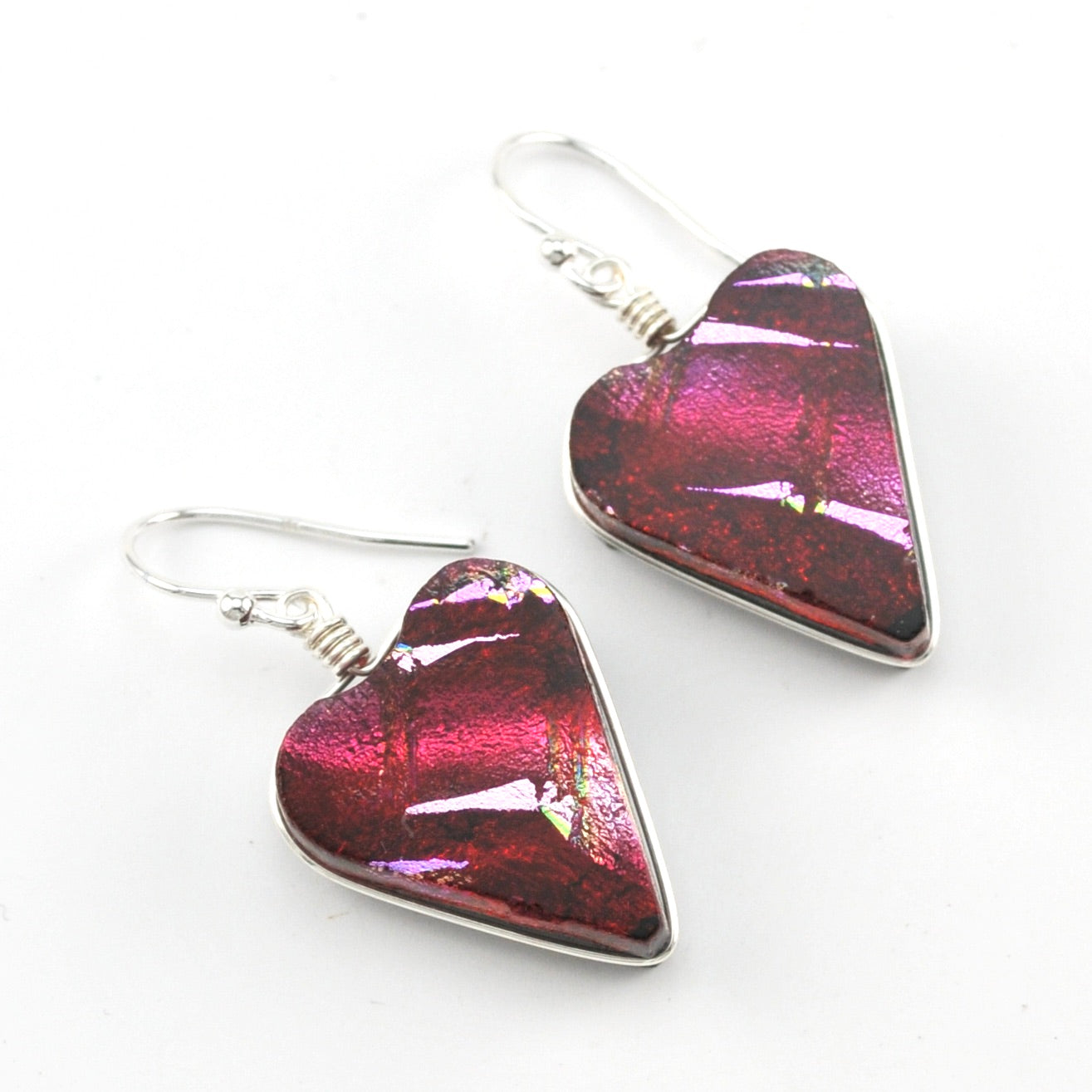 Dichroic Glass Cranberry Red Heart Earrings